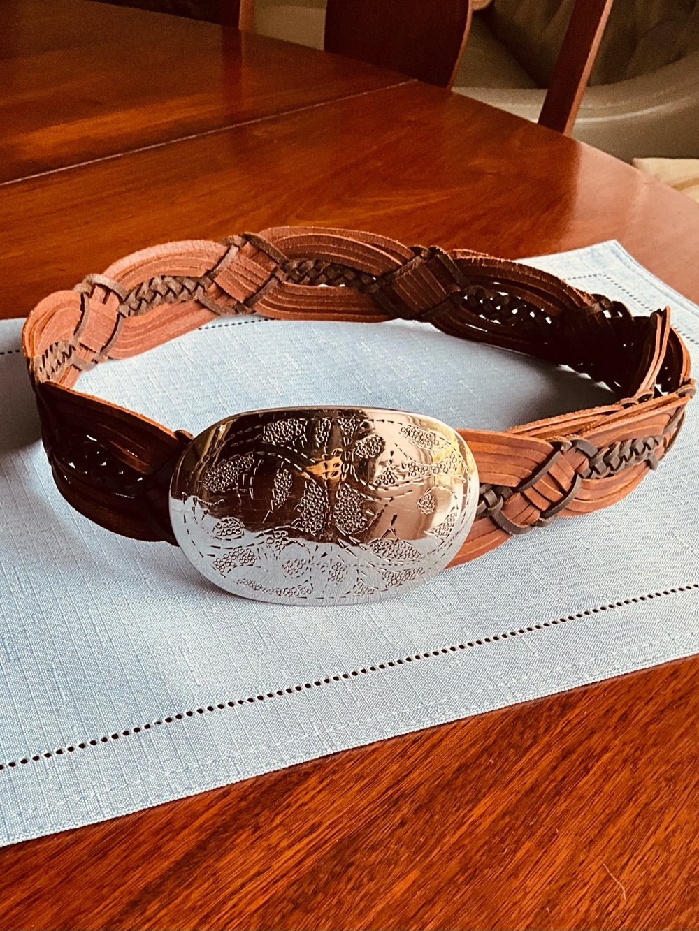 Vintage Braided boho vegan Leather Belt with embossed Floral Buckle.
